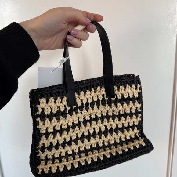 NWT Anine Bing Rio Logo Small Tote Bag Woven Seagrass Raffia Striped Pattern - Picture 8 of 9